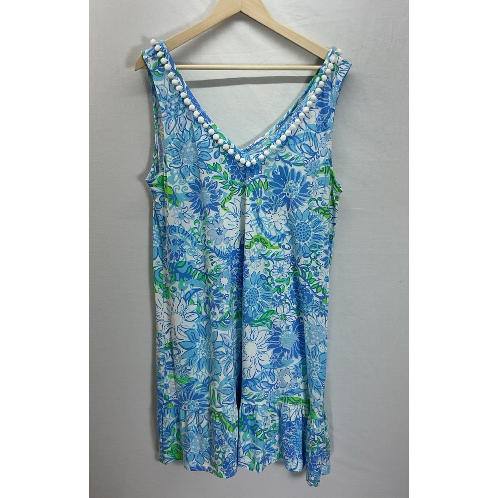Lilly Pulitzer Blue, White & Green Floral Sleeveless V-Neck Dress